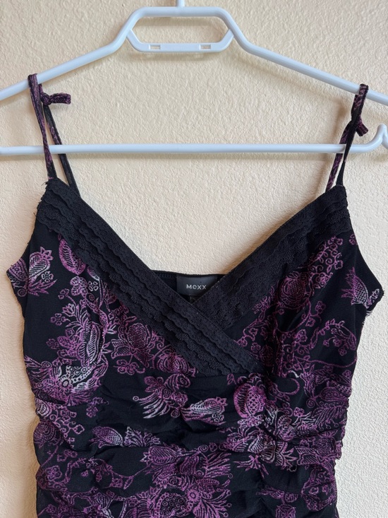 Mexx Black & Purple Floral Lace Trim Cami Top Ruched V-Neck Y2K Sheer Mesh Tank - Picture 8 of 12